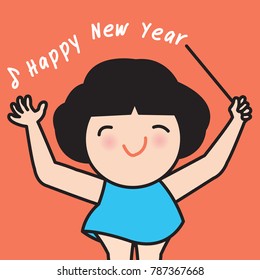 Orchestra Woman Conductor Directing Happy New Year Musical Performance Concept Card Character illustration