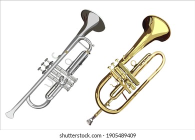 orchestral brass instrument trumpet and flugelhorn isolated white background. vector, realism