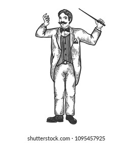 Orchestral conductor engraving vector illustration. Scratch board style imitation. Black and white hand drawn image.