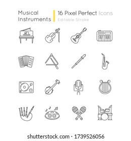 Orchestral instrument pixel perfect linear icons set. Live classical music concert. Band performance. Customizable thin line contour symbols. Isolated vector outline illustrations. Editable stroke