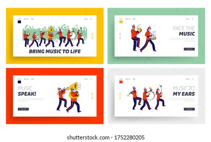 Orchestral March Parade Landing Page Template Set. Orchestra Characters Wear Festive Uniform Playing Trombone, Tambourine and Drum Instruments during or Public Event. Linear People Vector Illustration