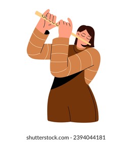 Orchestral performer performs solo. Folk musician plays on music instrument, hold wooden flute. Flutist on acoustic performance, concert. Creative hobby. Flat isolated vector illustration on white