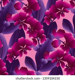 Orchid blossom colorful seamless vector pattern. Decorative backdrop with beautiful inflorescence. Fabric texture with gradient flowers and foliage. Floral wrapping paper, wallpaper design