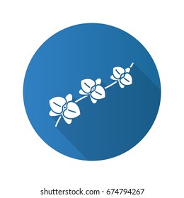 Orchid branch flat design long shadow glyph icon. Vector silhouette illustration
