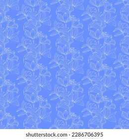 Orchid branch. Transparent white flowers on blue background. Seamless pattern with orchid twigs.