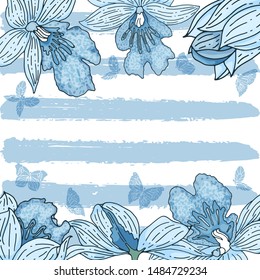Orchid and butterflies editable striped template for social networks. Vector design background
