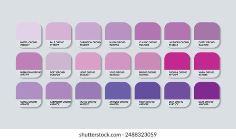 Orchideenfarbpalette, Orchideenfarbenführungspalette mit Farbnamen. Katalog-Beispiele von Purple mit RGB HEX-Codes und Namen. Indigo Farben Palette Vektorgrafik, Mode Trend Orchidee Farbpalette Vektorgrafik Töne