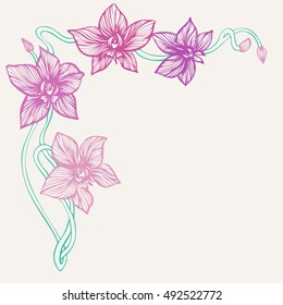 Orchid corner design. Hand drawn flowers. Line art orchids branch for angle border. Decorative background for card or invitation. Copy space. Vector illustration.
