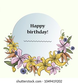 orchid and dahlia birthday greetings card