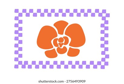Orchid emblem centered within a rounded checker border, bold petal shapes and clean negative space. Symbol of elegance, luxury, and beauty for branding and decor. Cartoon vector illustration.