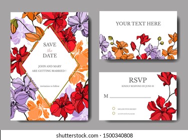 Orchid floral botanical flowers. Black and white engraved ink art. Wedding background card floral decorative border. Thank you, rsvp, invitation elegant card illustration graphic set banner.