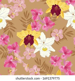 Orchid Floral and many kind of blooming flowers seamless vector pattern background leaves, Botanical wallpaper illustration in vintage style