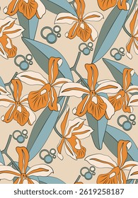 Orchid floral pattern textiles hand drawn line style