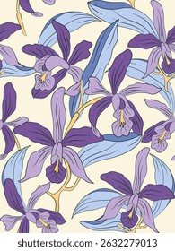 Estilo de línea dibujado a mano de textiles de patrón floral de orquídea