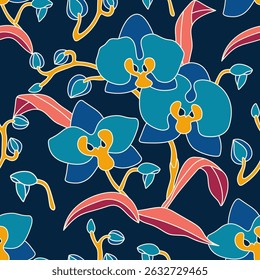 Estilo de línea dibujado a mano de textiles de patrón floral de orquídea