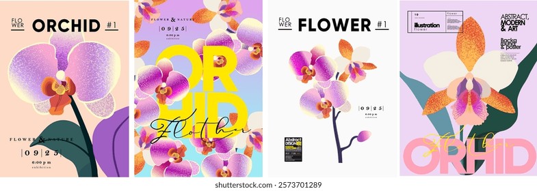 Orchid flower Art Poster Set. Set of vector poster and background featuring stylized orchid flowers. Modern design with vibrant gradient colors and abstract elements.