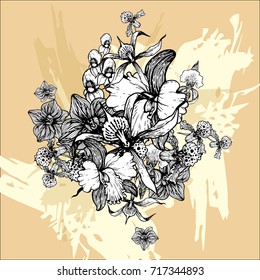 orchid flower with brush,hand drawing