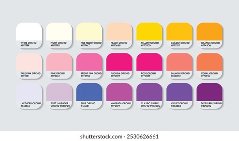 Orchid Flower Color Palette, Orchids Color Guide Palette with Color Names. Catalog Samples of Orchid with RGB HEX codes. paint, natural Orchid variations, and a Fashion Trend Orchid Flower color