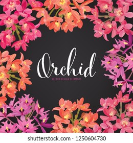 Orchid flower frame in pink, purple and orange color on black background. Vector set of exotic tropical garden for holiday invitations, wedding, greeting card and fashion design.