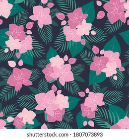 Flor de orquídea y hojas sin fisuras