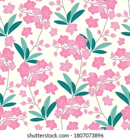 Orchid flower and leaves seamless pattern