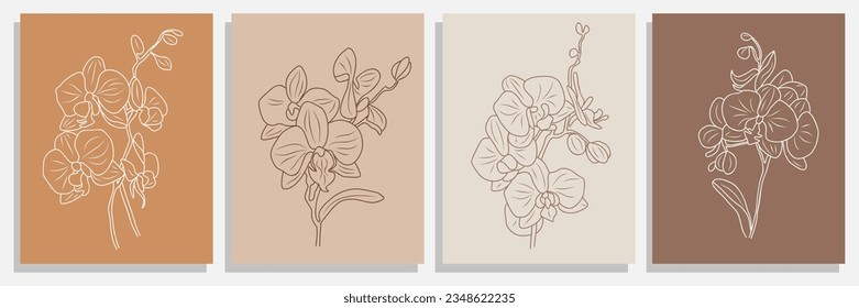 Dibujo de dibujos en línea de flor orquídea Set de impresión. Afiche botánico. Arte De Línea Moderna, Contexto Estético. Perfecto para decoración en casa, arte en la pared, camiseta impresa, tatuajes, logotipo, diseño de joyería. Ilustraciones vectoriales