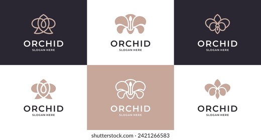 Orchid flower logo icon set. Minimalist beauty floral flourish logo collection