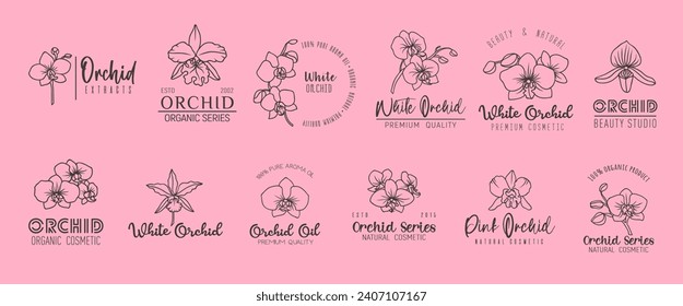 Orchid flower minimal emblem, skin care and oil cosmetics. Vector set of linear labels, sleek, minimal design, epitomizing elegance and beauty for cosmetic brands, capturing natural grace and allure