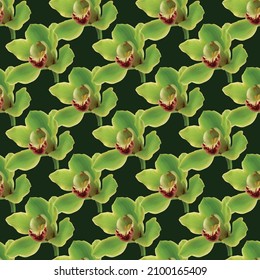 Diseño de patrones sin foco de flor de orquídea con fondo verde oscuro
