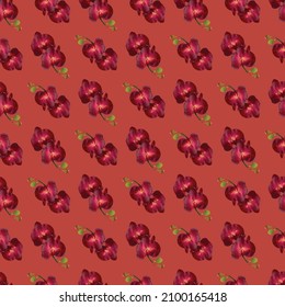Diseño de patrón sin foco de flor orquídea con fondo rojo Lite