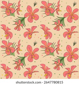 Orchid flower Seamless vector floral pattern with colorful flowers and green leaves, ideal for decorative design projects, arts and design use.