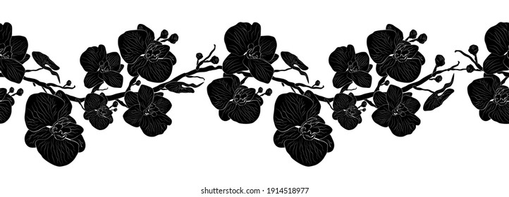 flor de orquídea. verano, elemento botánico, aislado en un fondo blanco. decoración monocroma, sin fisuras con ramas exóticas, hojas. estilo vintage. para imprimir, papel, postales. ilustración vectorial.