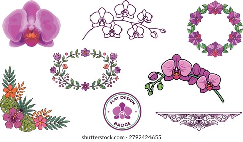 Orchid Flower Vector Collection with Floral Wreath Botanical Elements Decorative Frames and Tropical Bloom Illustrations.