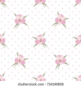 Orchid flower. Vector illustration of seamless pattern. Polka dot background.