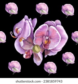 Orchid flower. Vector illustration in watercolor style. Design for textile, wallpapers, Element for design, Greeting card. 
