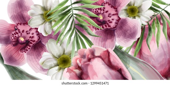 Orchid flowers background card Vector watercolor. Spring summer beautiful greeting or wedding invitations