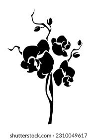 Orchid flowers. Black silhouette of orchid branch isolated on a white background. Vector illustration