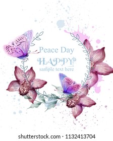 Orchid flowers and butterflies watercolor card Vector. Vintage background with paint splashes. Trendy ultra violet color
