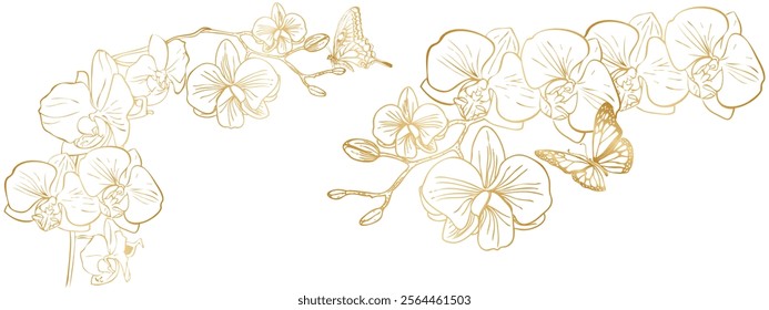 orchid flowers with a golden gradient and butterfly on a white background