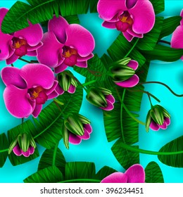  Orchid flowers palm leaf. Tropical flower, blossom cluster seamless pattern . Beautiful background with tropical flowers and palm leaves, plant and leaf.