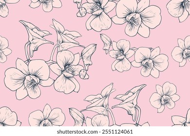 Orchid flowers seamless pattern abstract background.Vector illustration hand drawing. For Fabric, textiles, clothing, wallpaper, pattern print design.