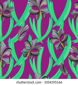  Orchid flowers, seamless pattern with flowers and leaves on lilac fon. 