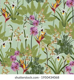 Orchid flowers and tropical leaves on sage green background. Vector seamless pattern for fabric, wrap, invitation card.