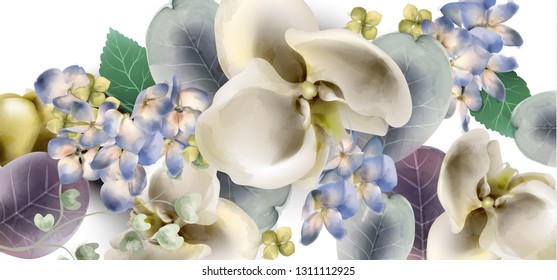 Orchid flowers vintage banner Vector watercolor. Delicate seasonal background. Beautiful spring floral designs