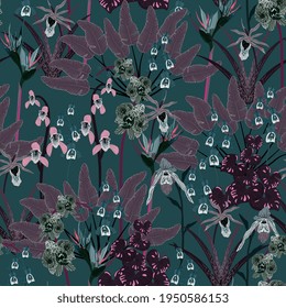 Orchid flowers and violet tropical leaves on dark green background. Vector seamless pattern for fabric, wrap, invitation card.