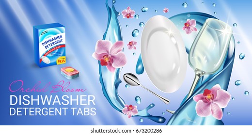 Orchid Fragrance Dishwasher Detergent Tabs Ads. Vector Realistic Illustration With Dishes In Water Splash And Flowers. Horizontal Banner