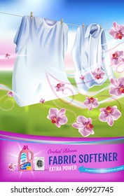 Orchid fragrance fabric softener gel ads. Vector realistic Illustration with laundry clothes and softener rinse container. Vertical poster