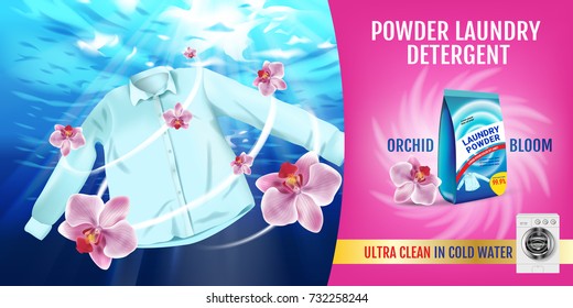 Orquídea fragrância anúncios detergente lavanderia. Ilustração realista vetorial com camisa é lavado em água e pacote de produtos. Banner horizontal