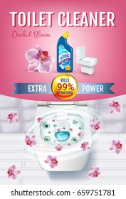 Orchid fragrance toilet cleaner gel ads. Vector realistic Illustration with top view of toilet bowl and disinfectant container. Vertical poster.