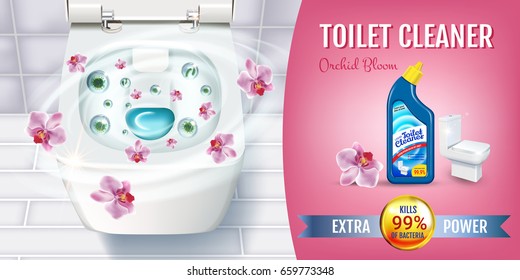 Orchid fragrance toilet cleaner gel ads. Vector realistic Illustration with top view of toilet bowl and disinfectant container. Horizontal banner.